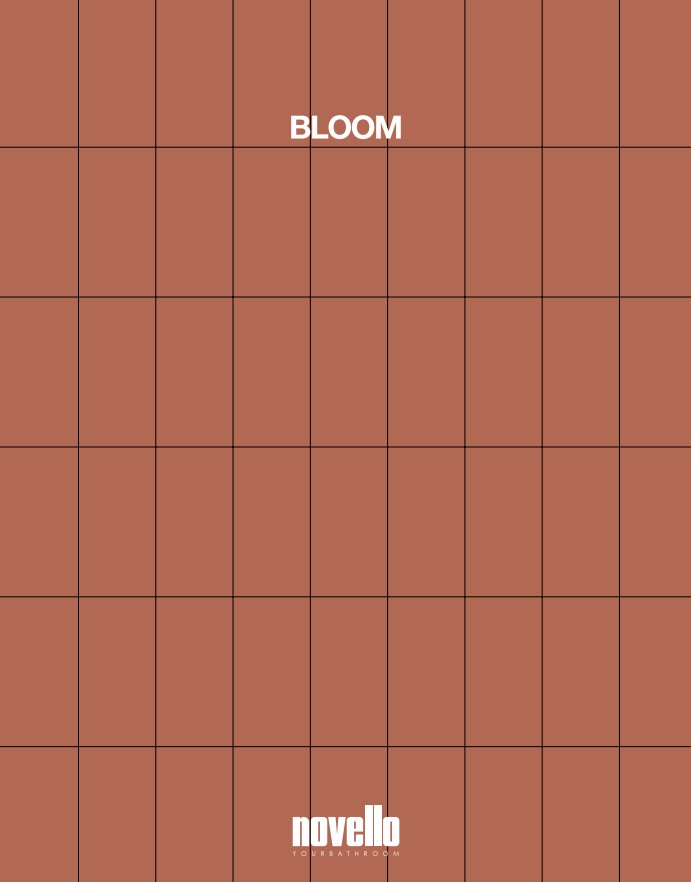Griglia di quadrati marroni, con la scritta BLOOM in bianco in alto e il logo Novello in bianco al centro in basso.