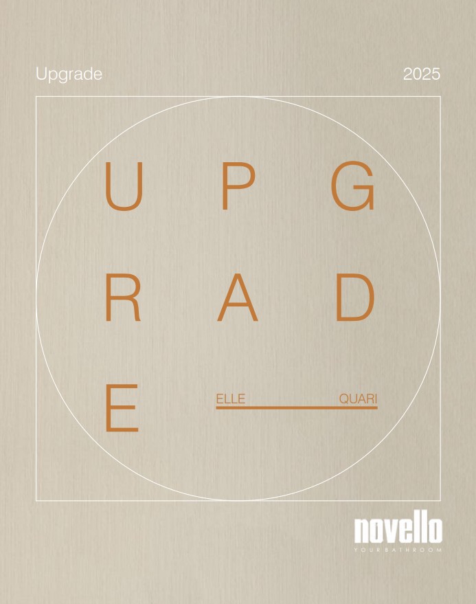 Copertina beige in stile minimal con la scritta arancione “UPGRADE”, i titoli “Upgrade 2025”, “ELLE QUARI” e “Cataloghi Novello”.