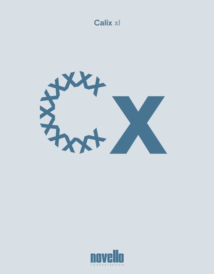 Grafica minimalista con la scritta “Calix XL” in alto, una grande “C” e una “X” al centro, e il logo Novello in basso su uno sfondo azzurro chiaro.