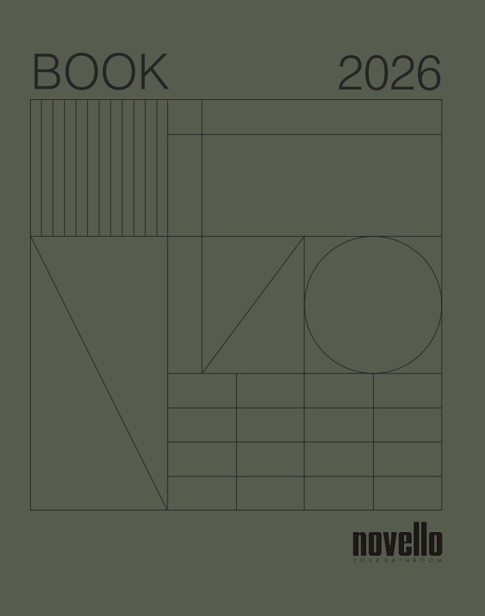Copertina verde scuro con forme geometriche astratte di colore nero, con la scritta “BOOK 2026” in alto e “Novello Cataloghi bagno” in basso.