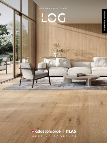 Copertina del catalogo Atlas Concorde LOG con soggiorno e pavimento in legno chiaro