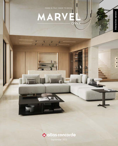 Copertina del catalogo Atlas Concorde Marvel con soggiorno luminoso e pavimento effetto marmo