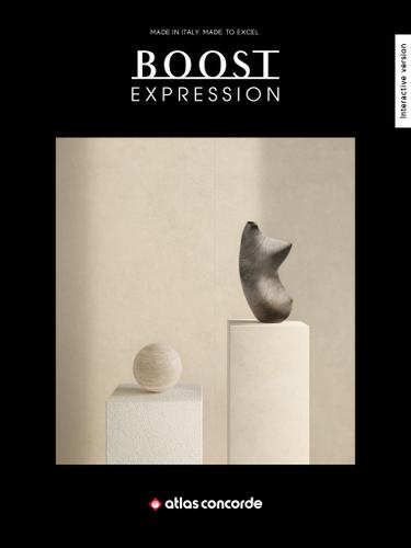 Copertina del catalogo Atlas Concorde Boost Expression su fondo nero con sculture chiare