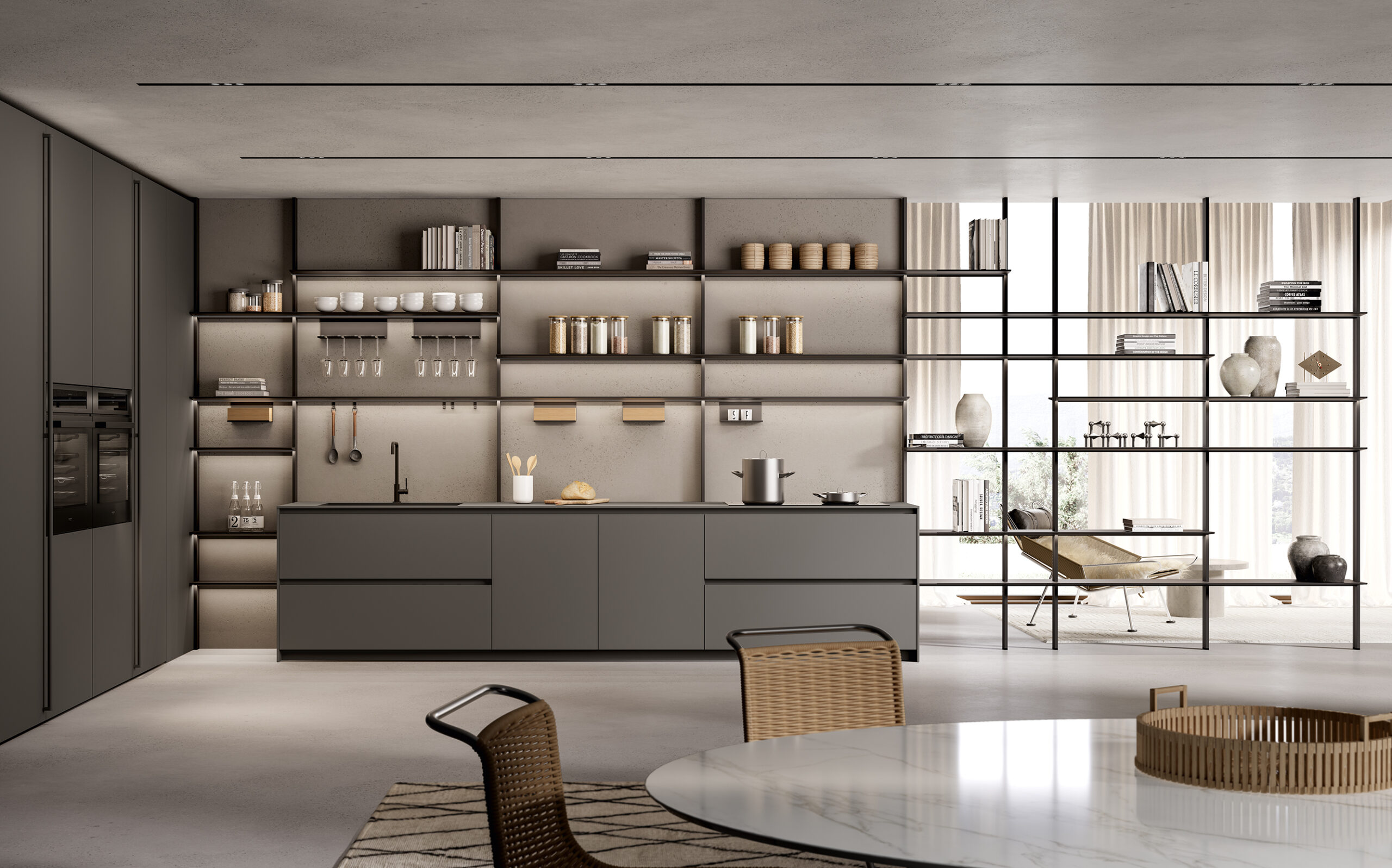 Render di cucina Ernestomeda One con isola grigia, libreria metallica e zona living