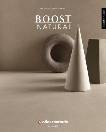 Copertina del catalogo Atlas Concorde Boost Natural con forme geometriche color sabbia
