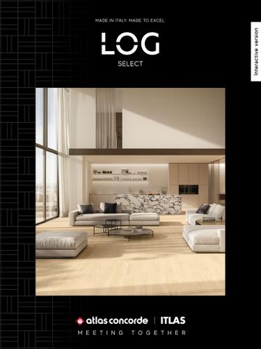 Copertina del catalogo Atlas Concorde LOG Select su fondo nero con ambiente in legno