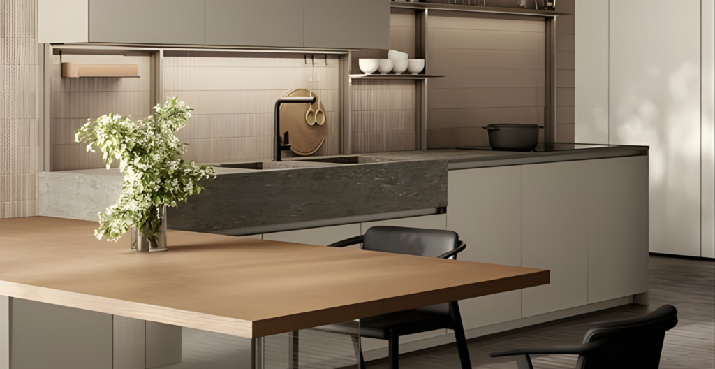 Cucina moderna con lavello in pietra, mobili in stile minimalista, pensili a giorno e tavolo in legno con sedie nere.