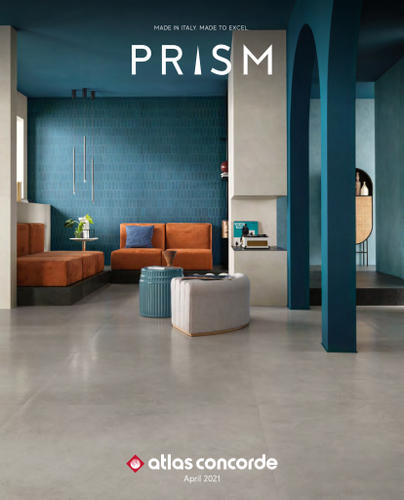 Copertina del catalogo Atlas Concorde Prism con ambiente living dalle pareti blu