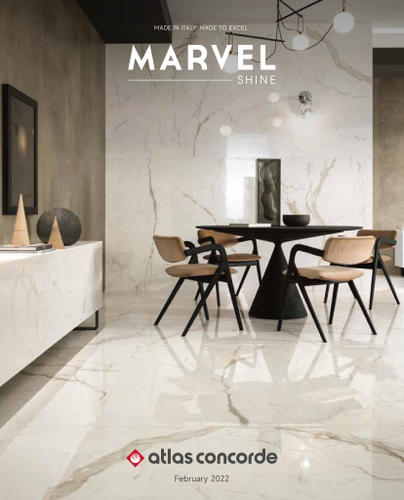 Copertina del catalogo Atlas Concorde Marvel Shine con sala da pranzo e pavimento lucido