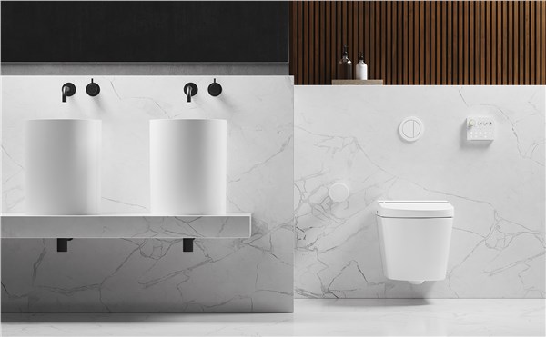 Bagno accessibile con due lavabi su mensola, maniglioni e wc