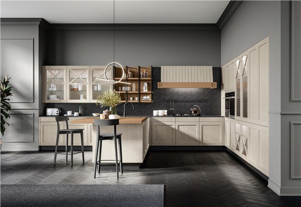 Cucina moderna con isola, pensili chiari e mensole in legno