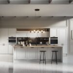 Cucina classica bianca con isola, colonne attrezzate e sospensione a soffitto