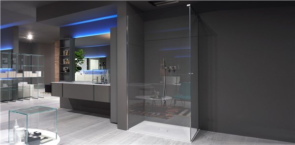 Bagno con lavabo sospeso, illuminazione a LED e parete scura