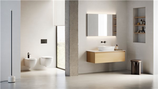Bagno con lavabo d'appoggio su mobile in legno, sanitari e specchi illuminati