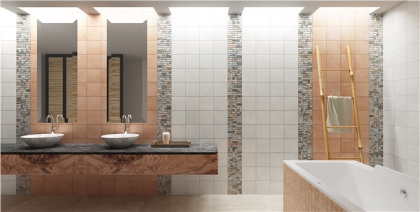 Bagno con doppio lavabo su mensola, rivestimenti chiari e scala portasciugamani