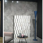 Stand espositivo con pareti decorate e rivestimenti a rilievo in una fiera