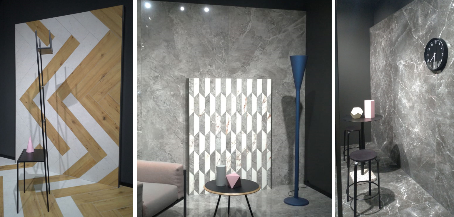 Stand espositivo con pareti decorate e rivestimenti a rilievo in una fiera