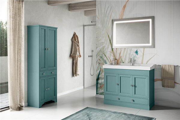 Mobile bagno classico verde acqua con colonna, specchio e lavabo integrato