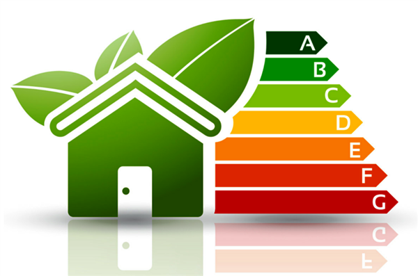 Infografica con casa stilizzata e scala delle classi energetiche dalla A alla G