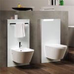 Moduli sanitari sospesi con lavabo e wc su struttura bianca