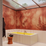 Bagno con pareti e soffitto rivestiti in decoro rosso a motivo botanico