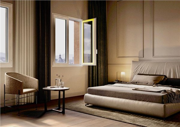 Camera da letto con finestra in legno alluminio, poltrona e tende