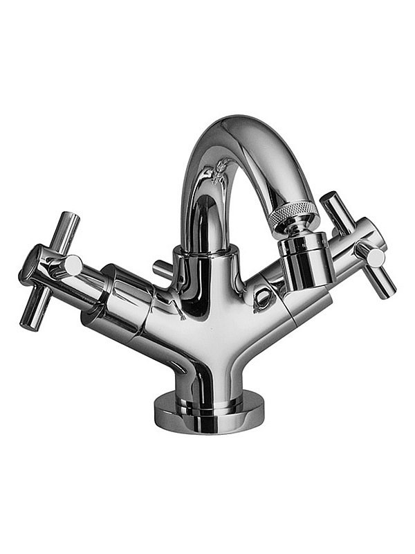 Miscelatore classico cromato a due maniglie a crociera su fondo bianco