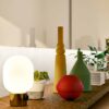 Piano con lampada, vasi colorati e piante su fondo chiaro