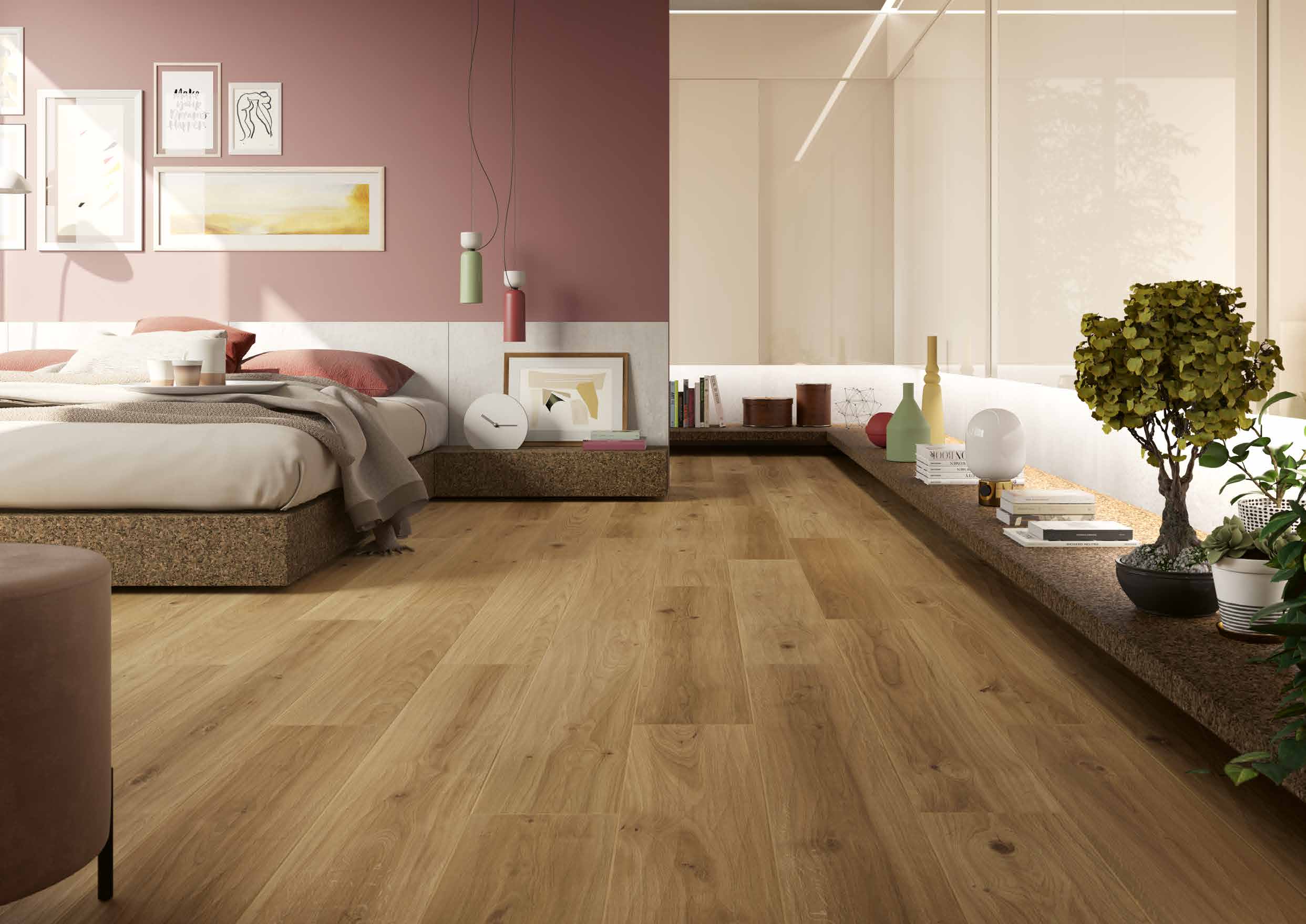 Camera da letto con pavimento in legno chiaro, parete rosa e armadio a specchio