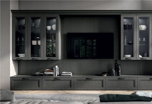 Parete attrezzata living classica scura con vetrine e TV integrata