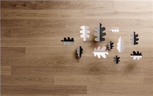 Vista dall'alto di un pavimento in legno con sagome di foglie decorative
