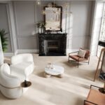 Salotto classico con poltrone chiare, camino e pavimento in parquet