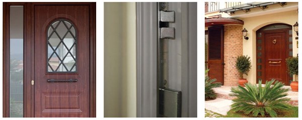 Composizione di tre portoncini d'ingresso in legno e metallo