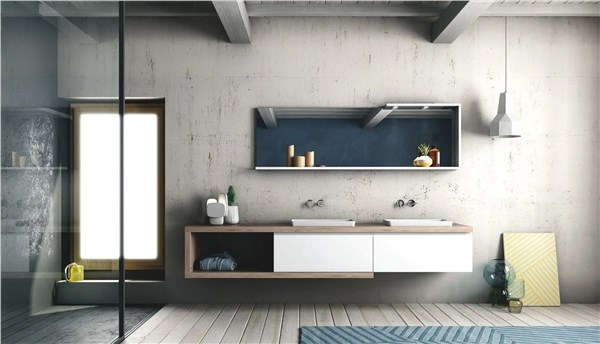 Mobile bagno sospeso con sistema a gola, doppio lavabo e specchio