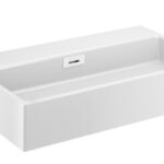 Lavabo rettangolare bianco a bordi sottili su fondo chiaro