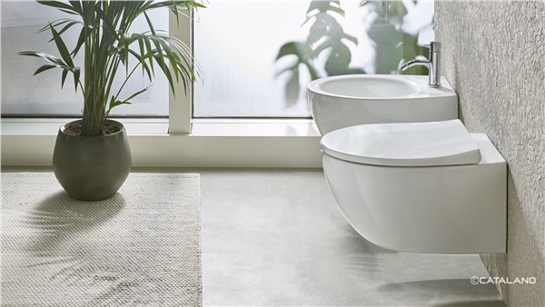 Vaso e bidet sospesi bianchi accanto a una pianta in un bagno essenziale
