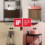 Composizione di quattro ambientazioni bagno con lavabi e mobili colorati