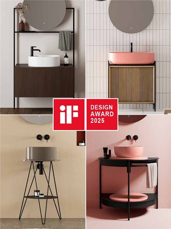 Composizione di quattro ambientazioni bagno con lavabi e mobili colorati