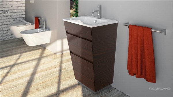 Mobile bagno a colonna in legno scuro con lavabo integrato e sanitari sospesi